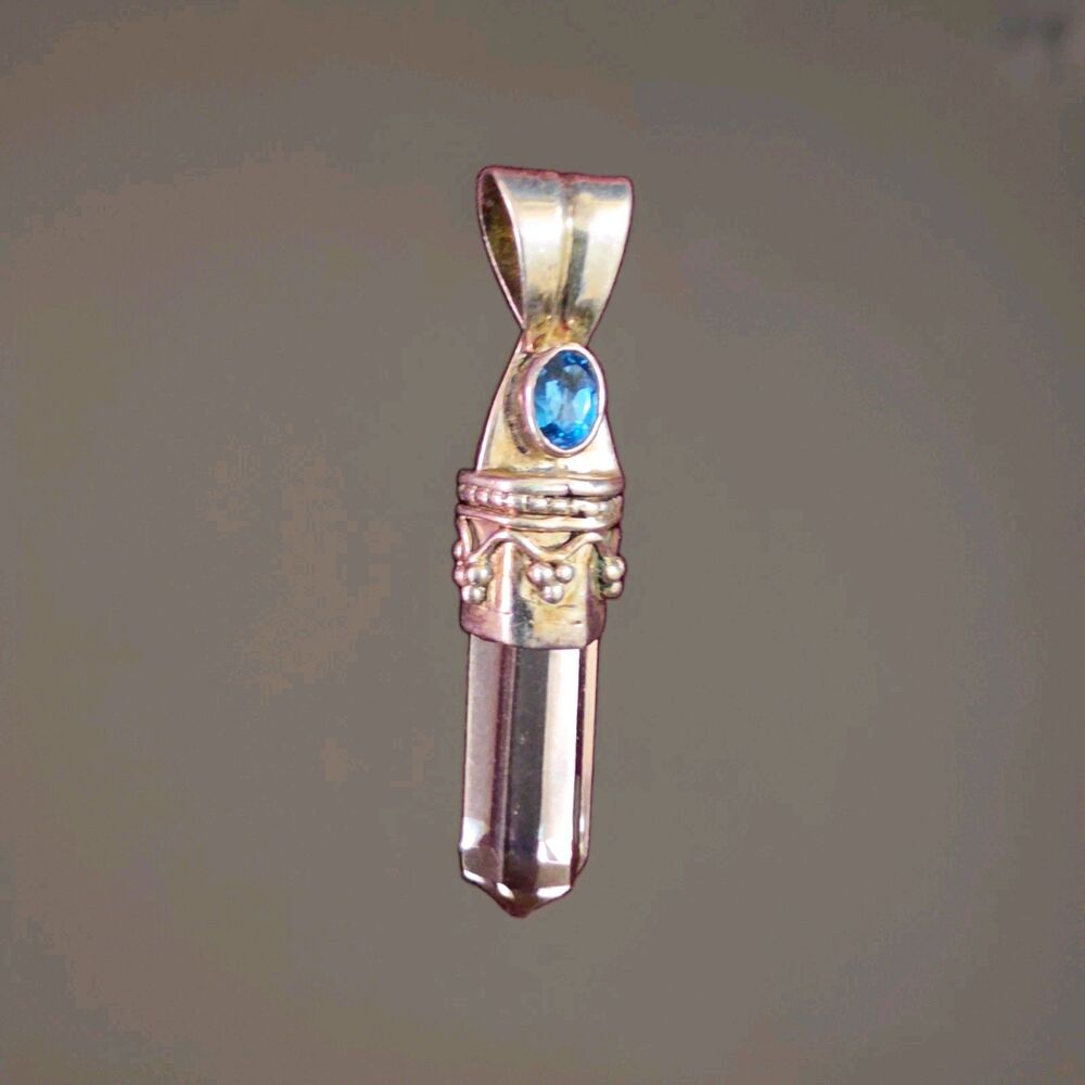 Artisan Silver Clear Quartz Crystal Point Pendant Blue Gemstone Granulated Cap